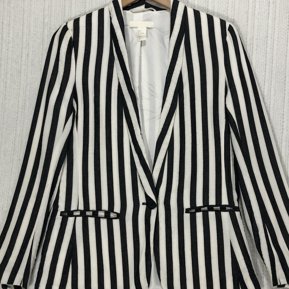 H&M Womens Striped Linen Blend Single Button Blazer Black White Size 4